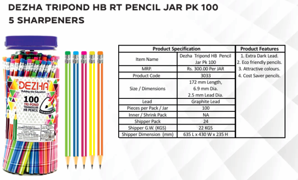 Dezha Tripond HB RT Pencil Jar Pk 100 5 SHarpner - Image 2